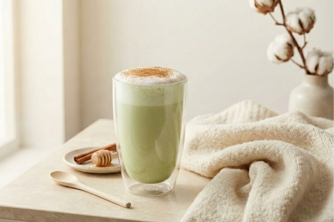 Een warme cinnamon matcha latte met een laag luchtig melkschuim en verse kaneelschaafsels, sfeervol gepresenteerd naast kaneelstokjes, een houten honingdipper en een zachte deken.