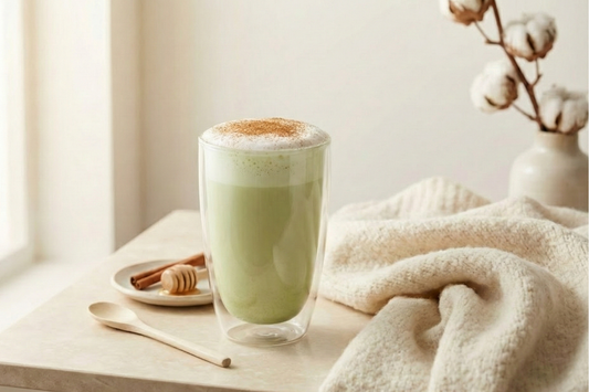 Een warme cinnamon matcha latte met een laag luchtig melkschuim en verse kaneelschaafsels, sfeervol gepresenteerd naast kaneelstokjes, een houten honingdipper en een zachte deken.