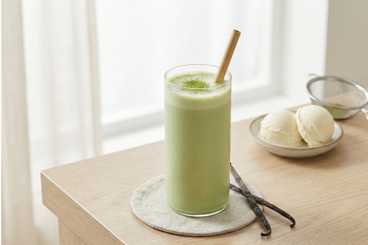 Een glas met een romige matcha vanille milkshake, subtiel bestrooid met biologische ceremonial matcha poeder, gepresenteerd naast twee royale bollen vanille-ijs en verse vanillestokjes.