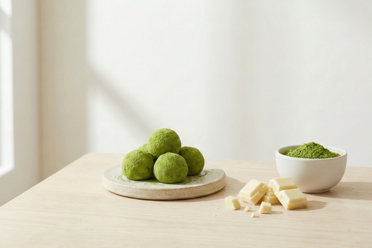Huisgemaakte matcha truffels elegant gepresenteerd naast stukjes romige witte chocolade en een theekom met heldergroen ceremonial matcha poeder.