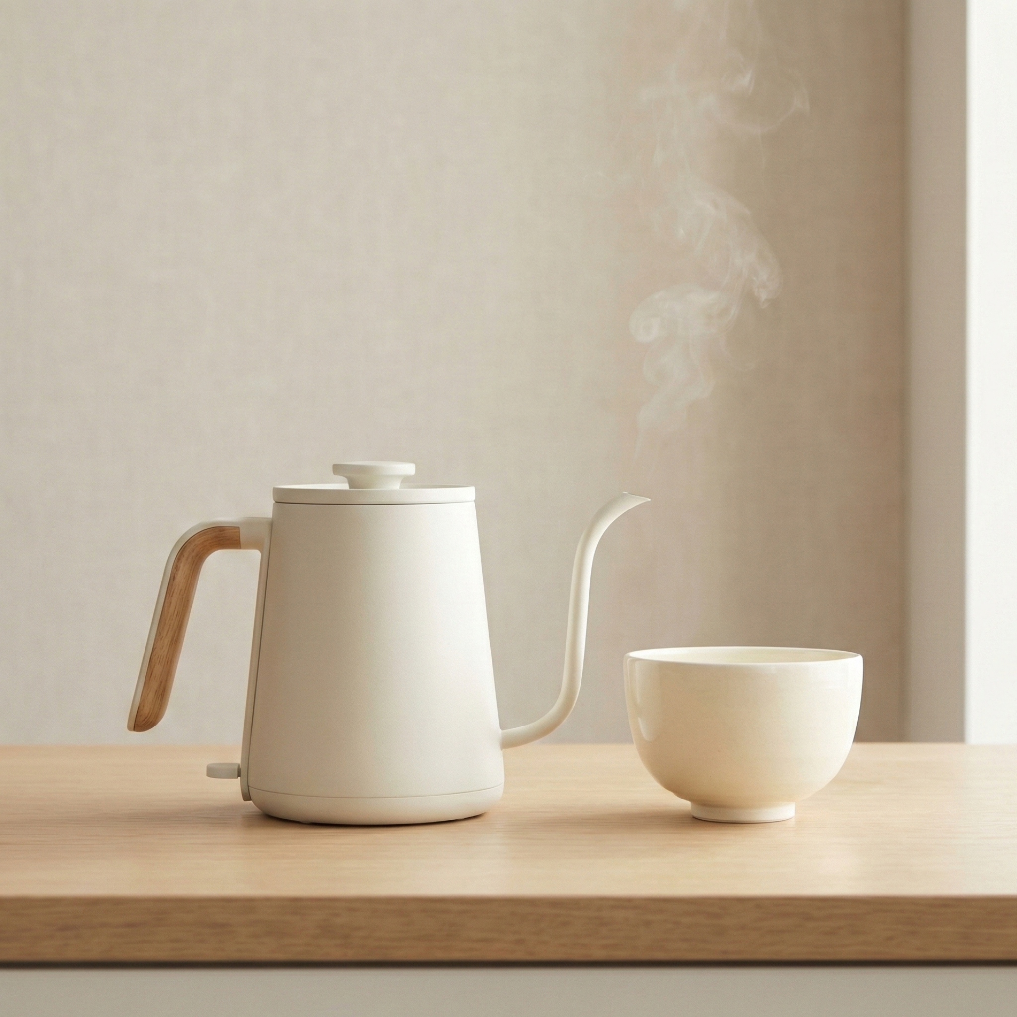 Een minimalistische Japandi schenkkan met een elegante zwanenhals, klaar om warm water in een theekom te gieten voor de perfecte biologische ceremonial matcha.