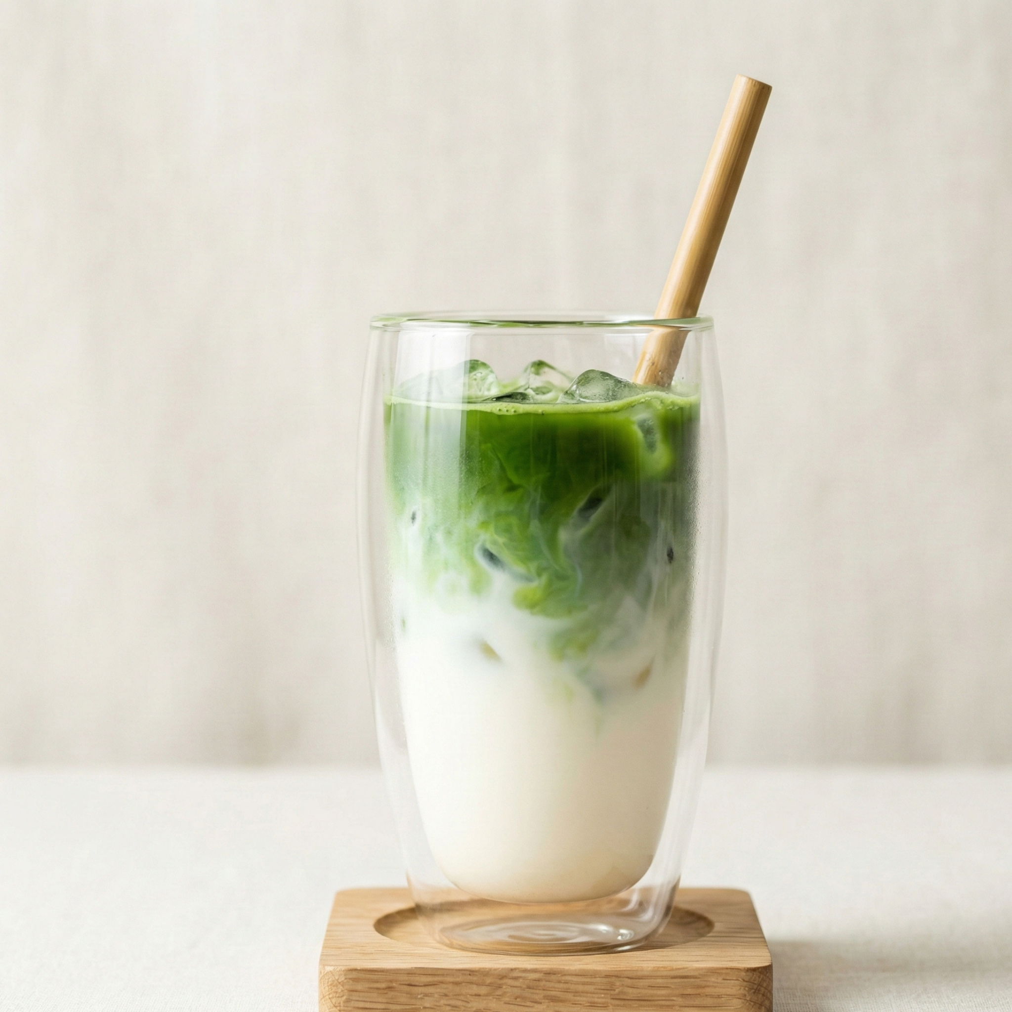 Een koud glas iced matcha latte met ijsblokjes, waarbij de biologische ceremonial matcha prachtig mengt met een laag melk.