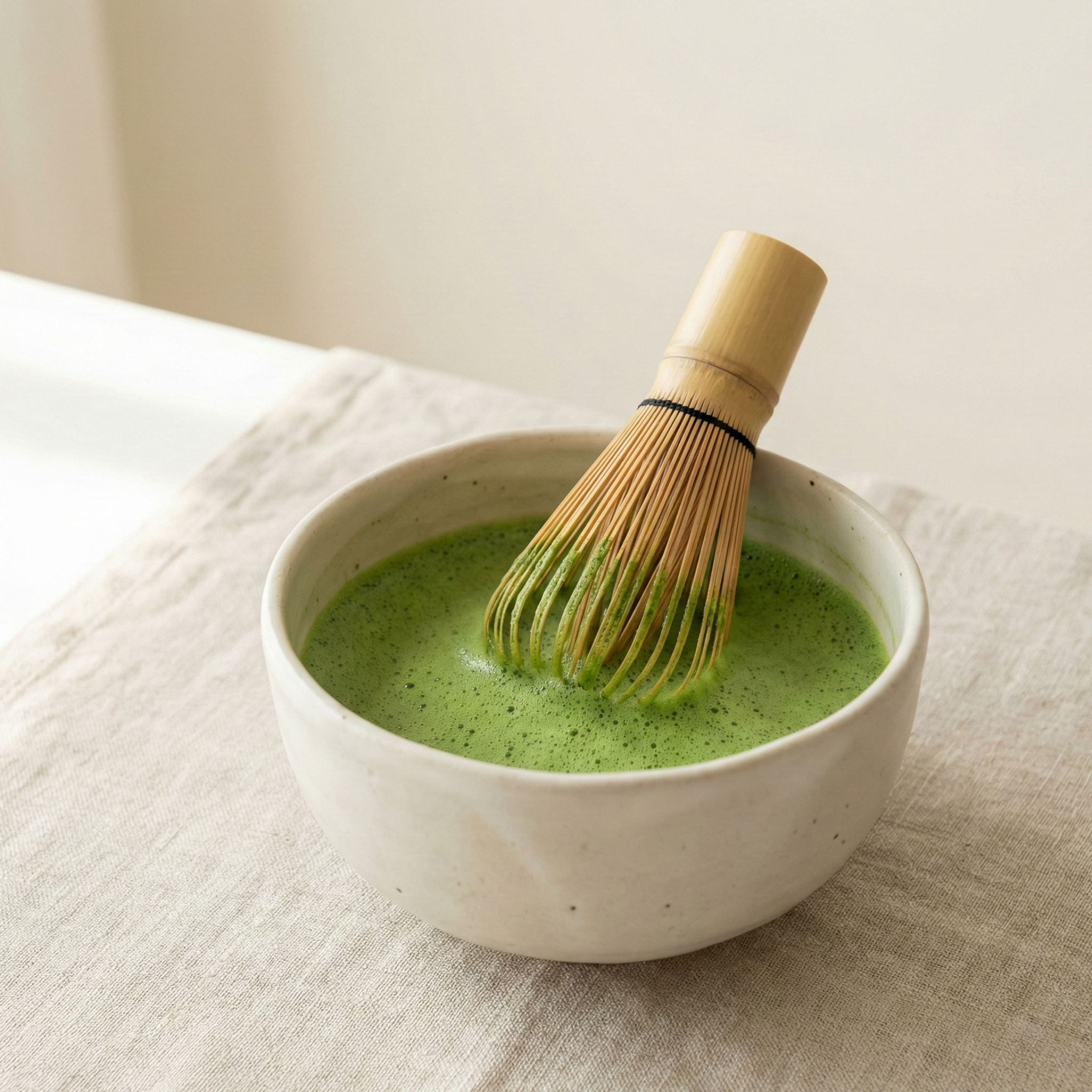 Opgeklopte briologische ceremonial matcha met een schuimlaag in een kom, met erin rustend een traditionele bamboe whisk (chasen).