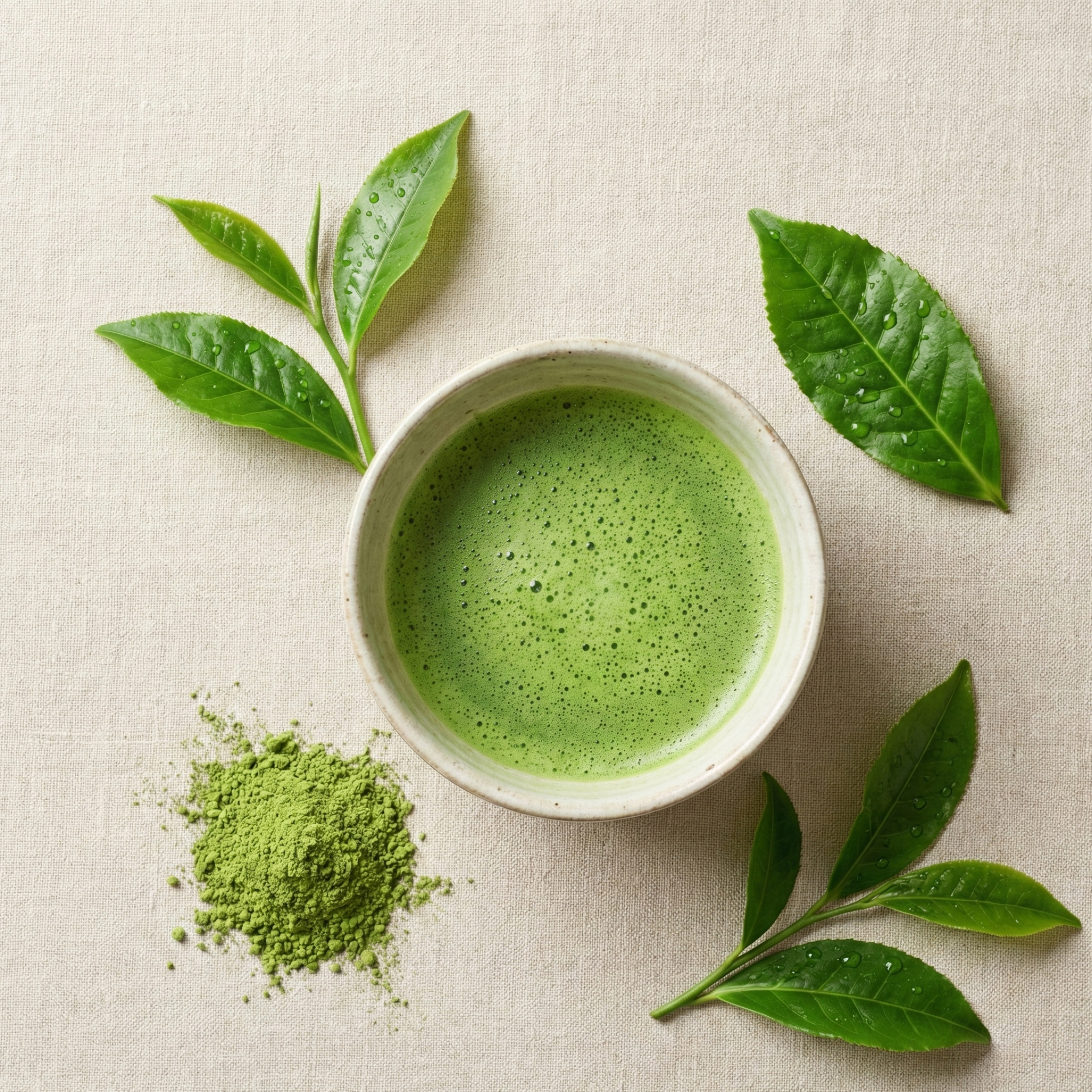 Opgeklopte matcha in een minimalistische theekom, elegant gepresenteerd met losse groene theebladeren en biologische ceremonial matcha poeder.